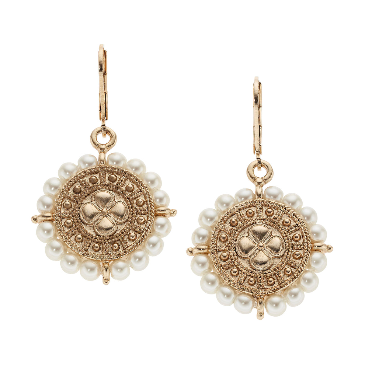 Round Gold Medallion Earrings rimmed with tiny Pearls