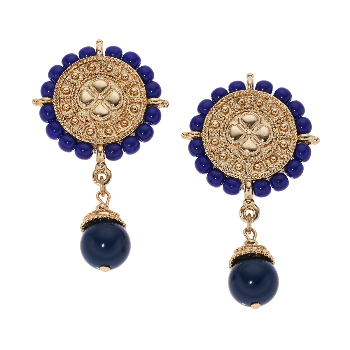 Circular gold clip earring rimmed with dark blue stones and a blue drop bead