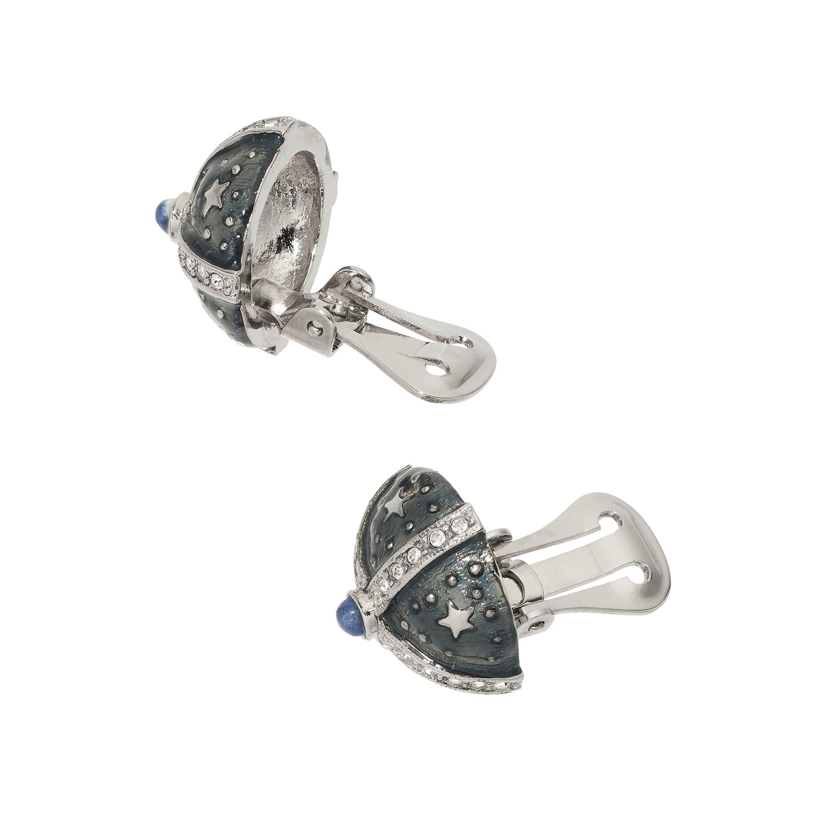 Clip Backs of Silver Gray Enamel Round Earrings
