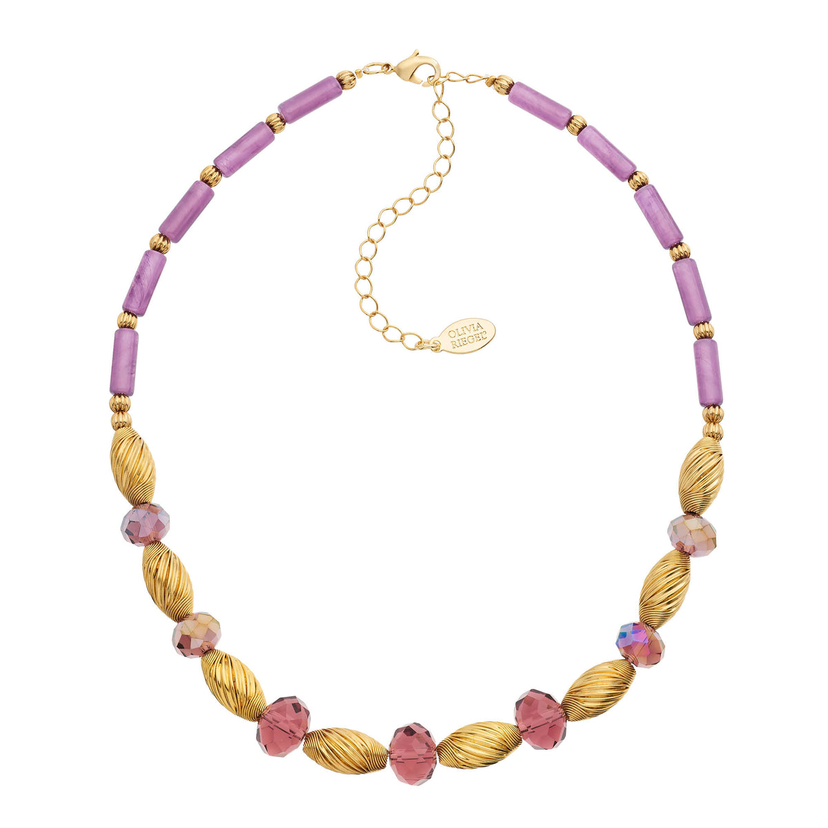 Amethyst Bead Necklace with alternating amythyst tone crsytals and gold plated twist beads.