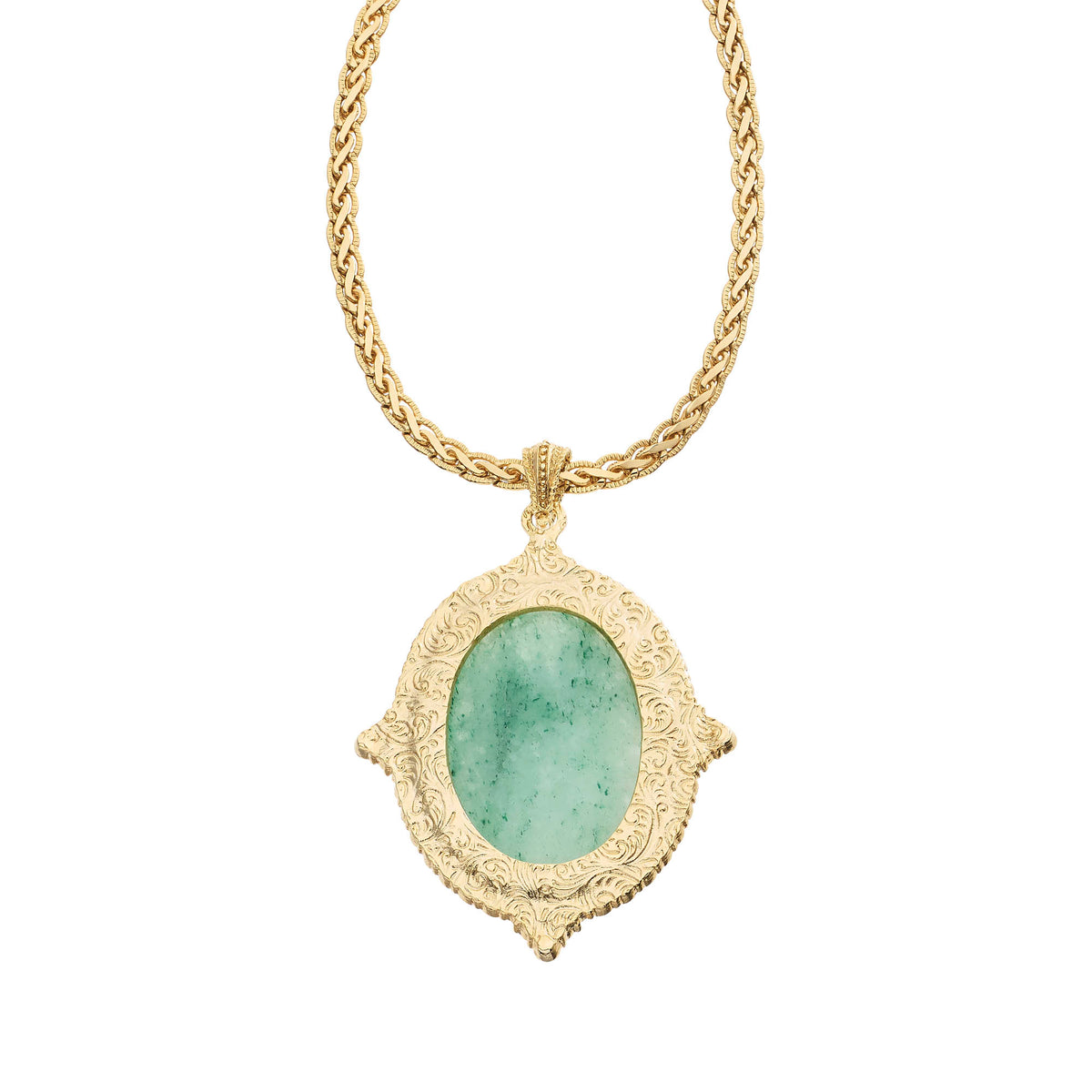 Back of Aventurine Pendant with intrricate scrolling on gold setting.
