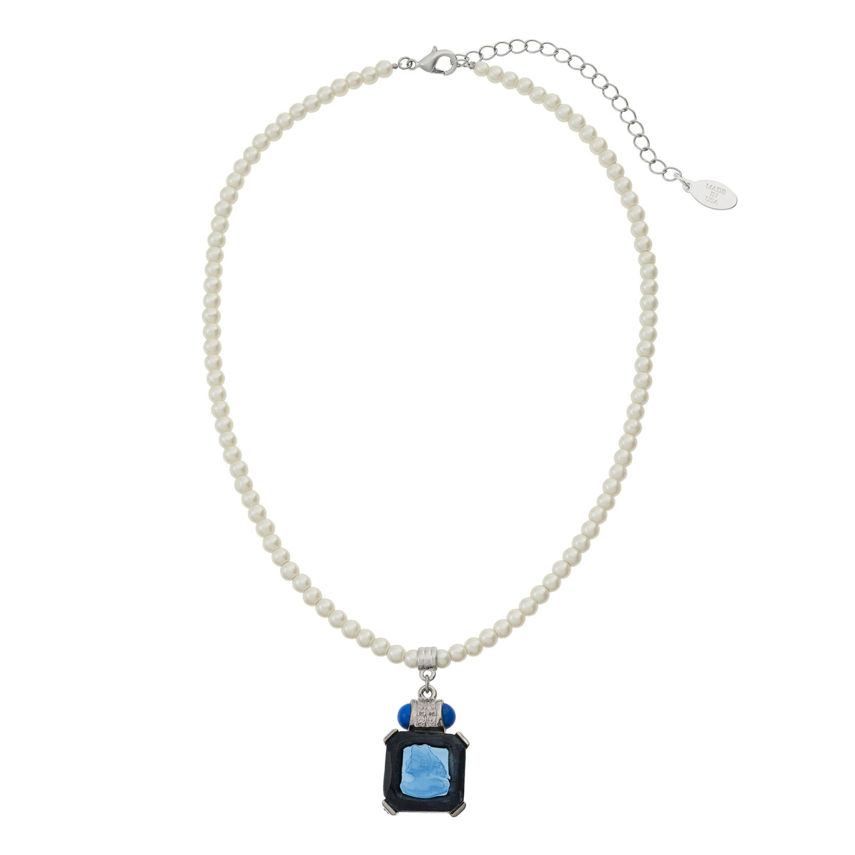 Pearl Necklace with square Blue Venetian Glass Intaglio pendant 