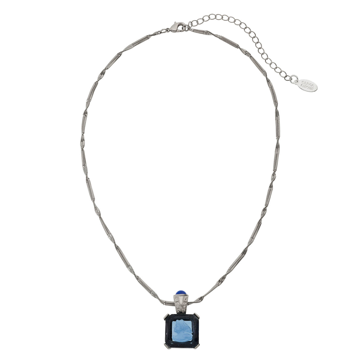 Silver Necklace with square Blue Venetian Glass Intaglio pendant 