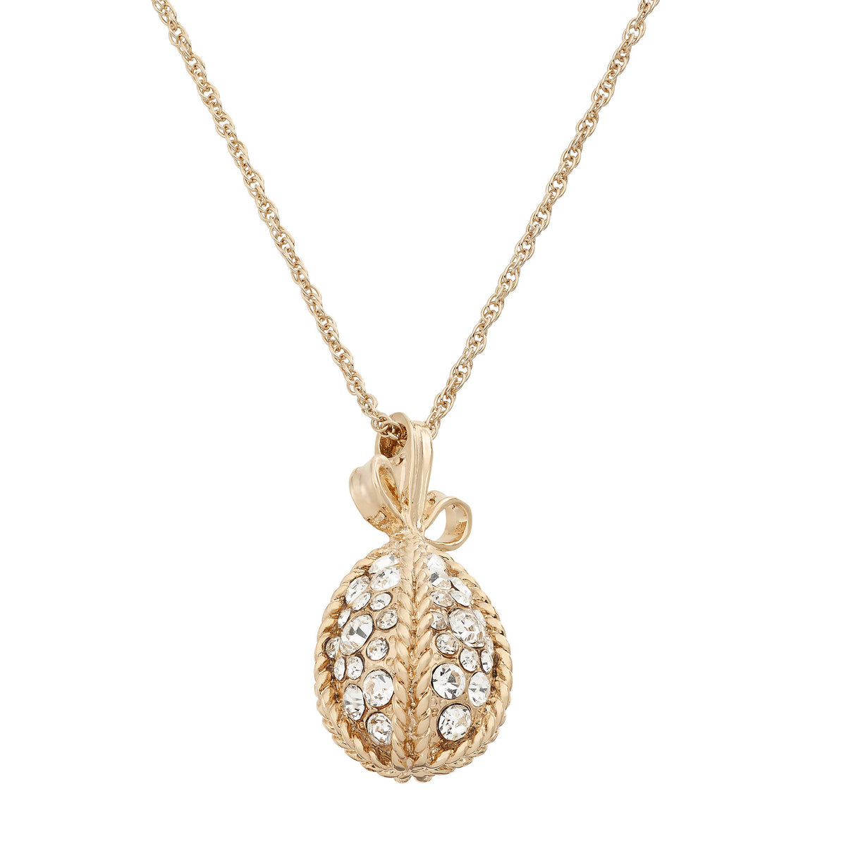 Clear Pavé Crystal Egg Pendant on a narrow gold chain.