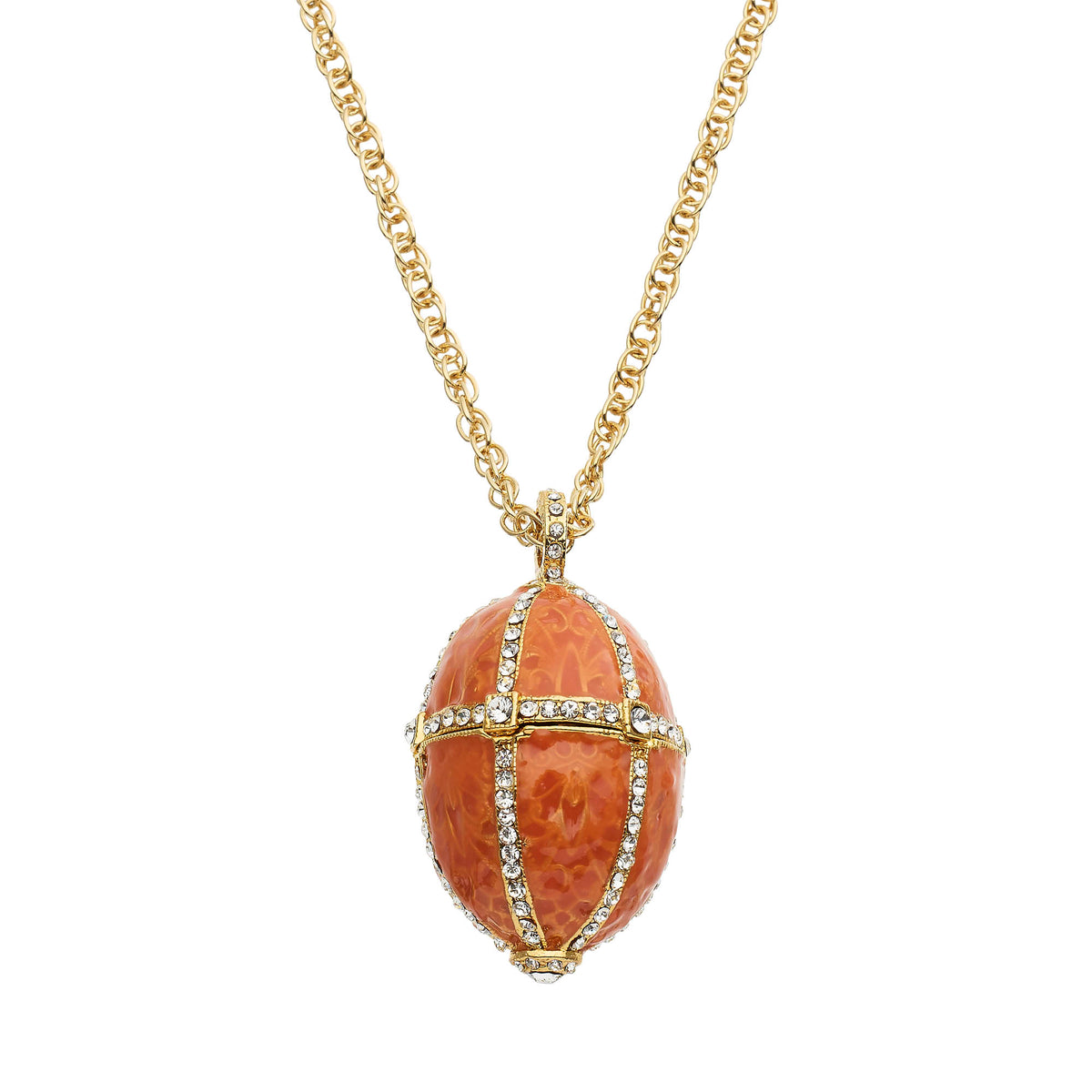 Salmon Enamel Egg Locket Pendant on gold chain.