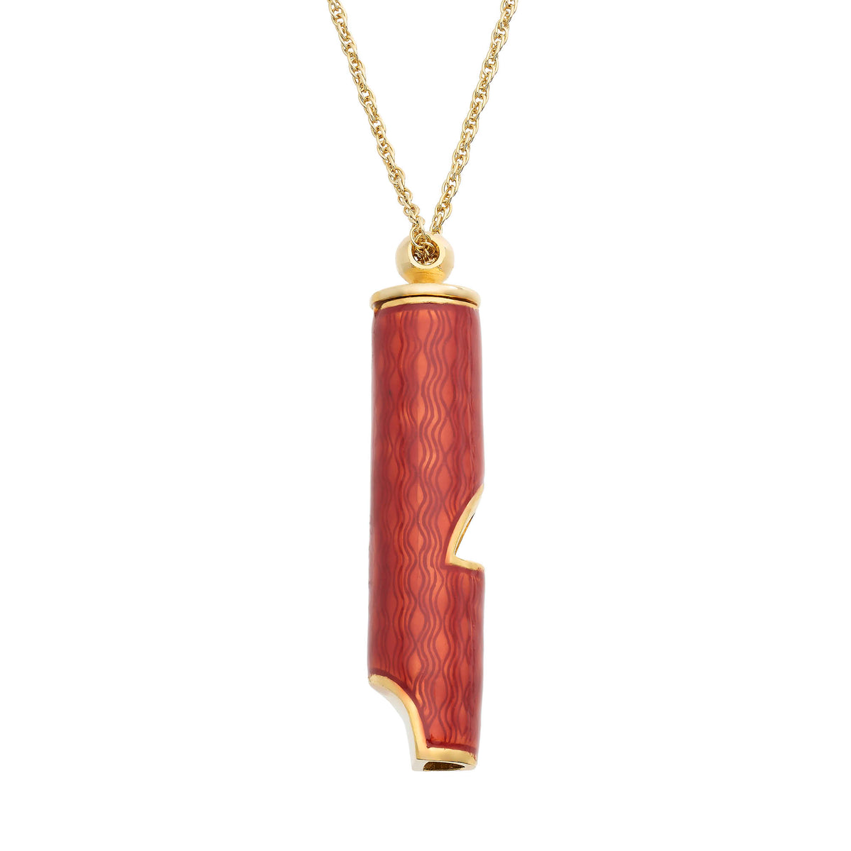 Cinnabar Red Enamel Whistle Pendant on gold chain.