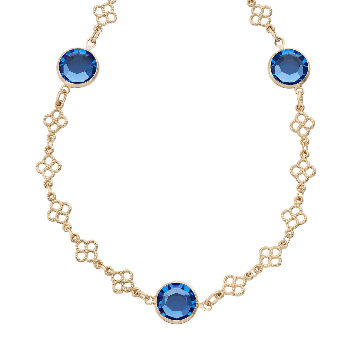 Sapphire Crystal Station Filigree Necklace on a white background