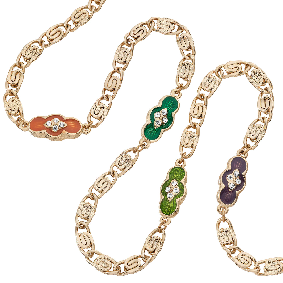 Guilloché Enamel Station Necklace  with double-sided salmon, purple, emerald, and peridot  medallions.