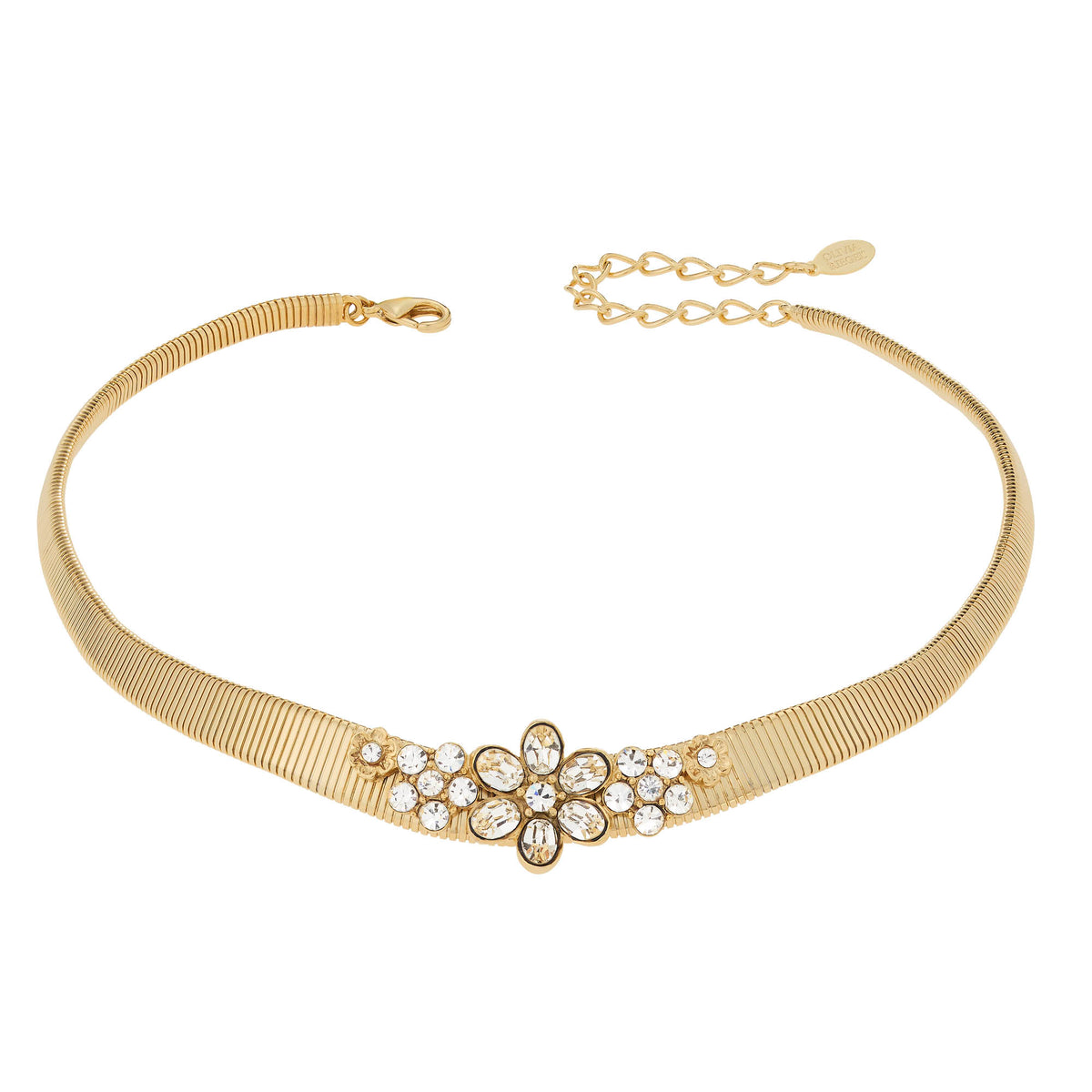 Gold Crystal Flower Collar Necklace with clear stones in a floral motif at the front of the necklace.