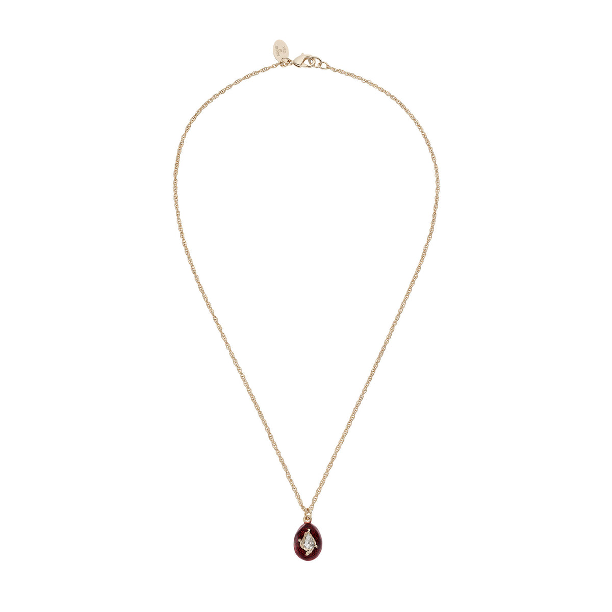 Deep Red Egg Pendant Necklace with clear crystal on gold chain.