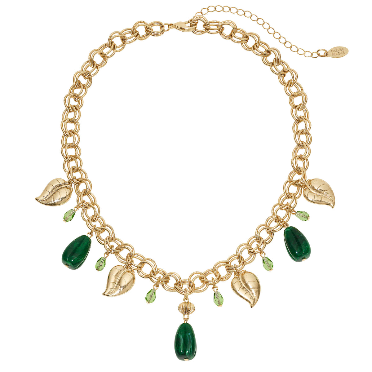 Alternating Dark Green drops, oval peridot crystals and gold leaves  on a gold chain.