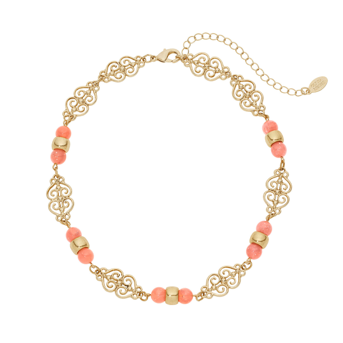 Gold Necklace with alternating gold scrollwork links, round pink beads and gold cylinder beads.