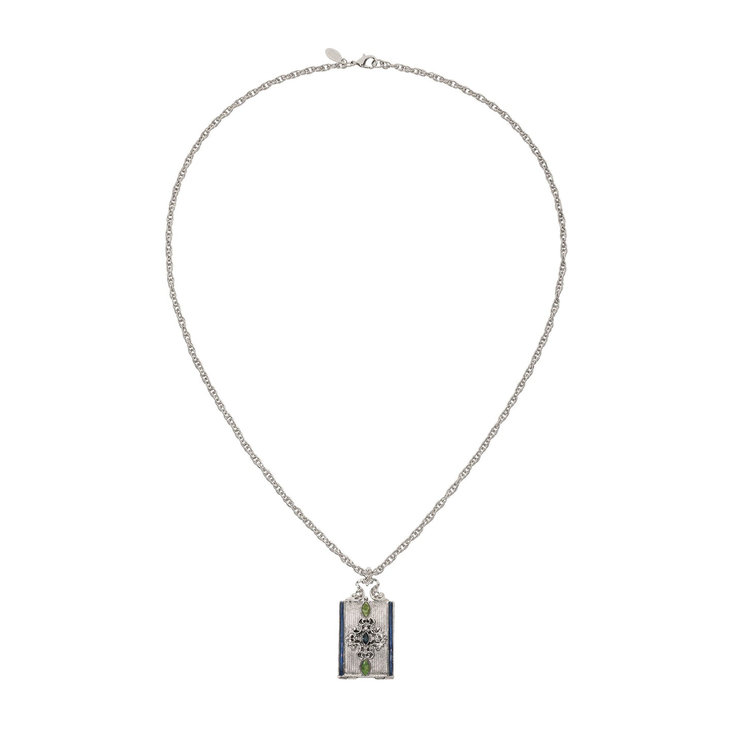 Silver Locket Necklace with Blue Enamel & Green Stones - OLIVIA RIEGEL®