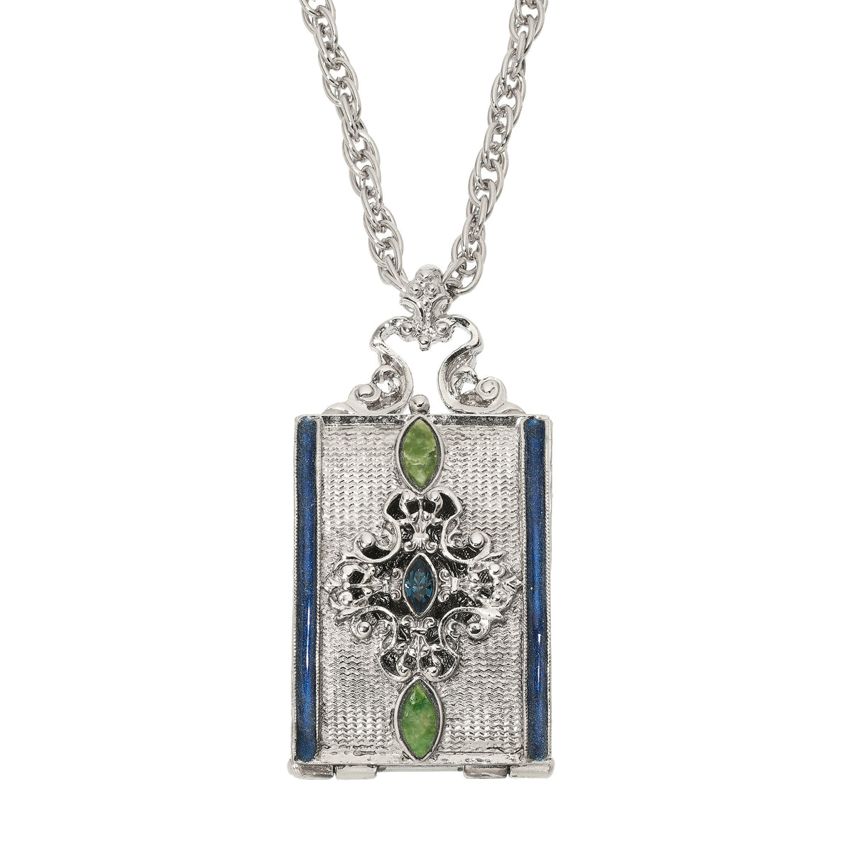 Textured Silver Rectangular Locket bordered with with blue enamel on vertical sides & accented with blue and green crystals. Silver chain.