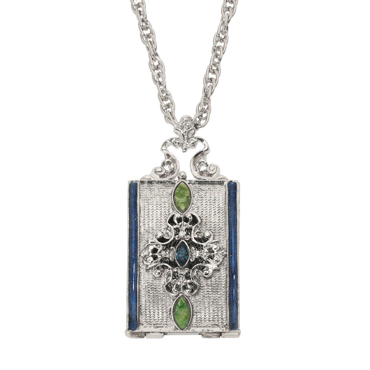 Silver Locket Necklace with Blue Enamel & Green Stones - OLIVIA RIEGEL®