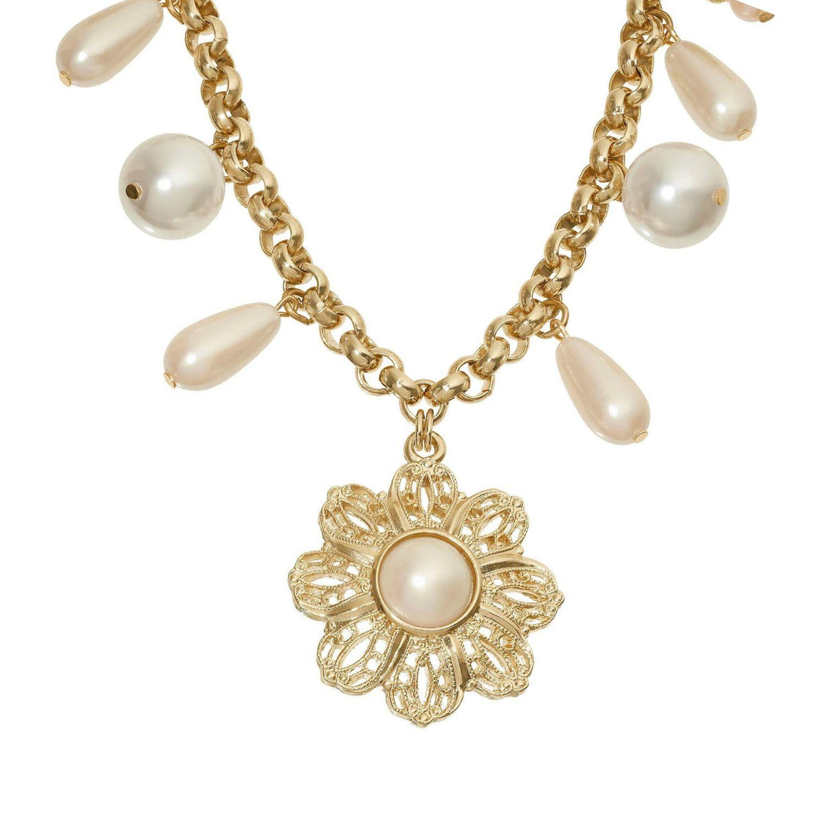 Gold Pearl Floral Drop Necklace