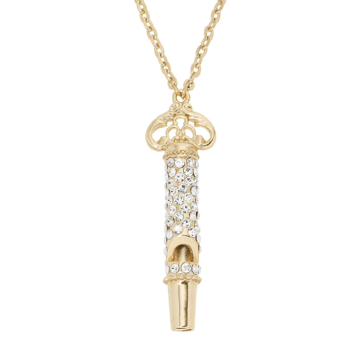 Whistle Necklace encrusted with tiny clear round crystals on a gold chain.