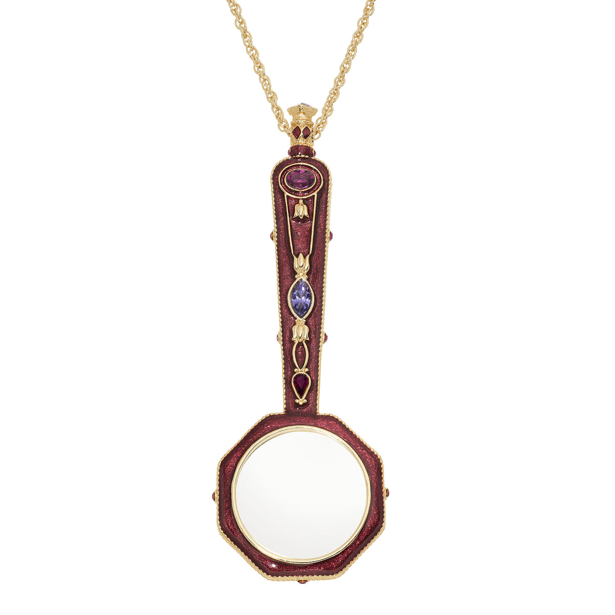 Octagonal Burgundy Enamel Magnifying Glass  on gold chain.