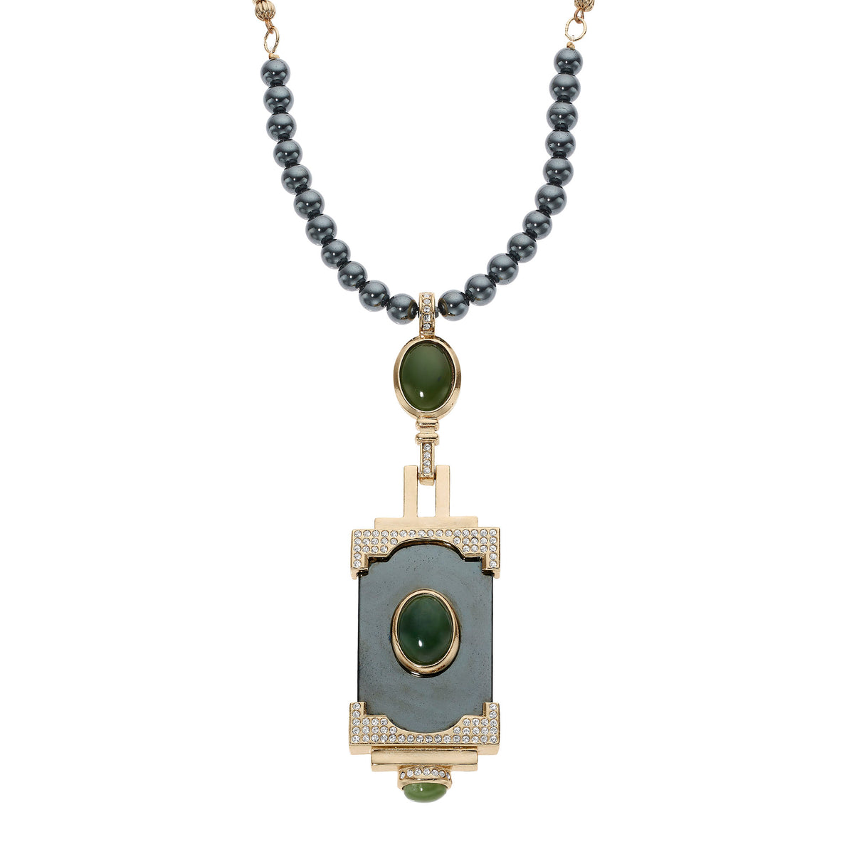 Gold and Hematite bead chain with rectangular Hematite pendant studded with clear crystals and a jade green oval stone.