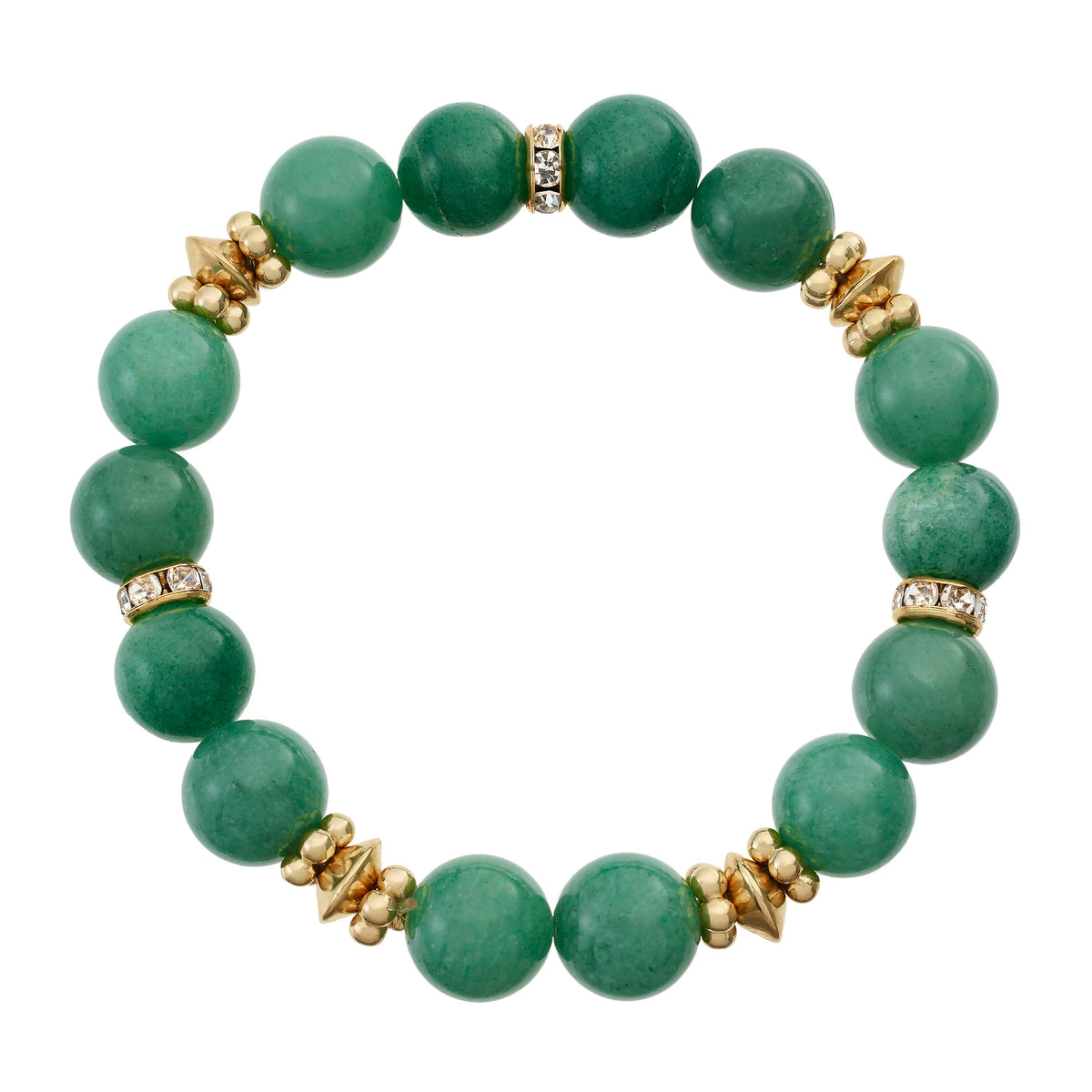 Round Green Aventurine Bead Bracelet with gold spacers.