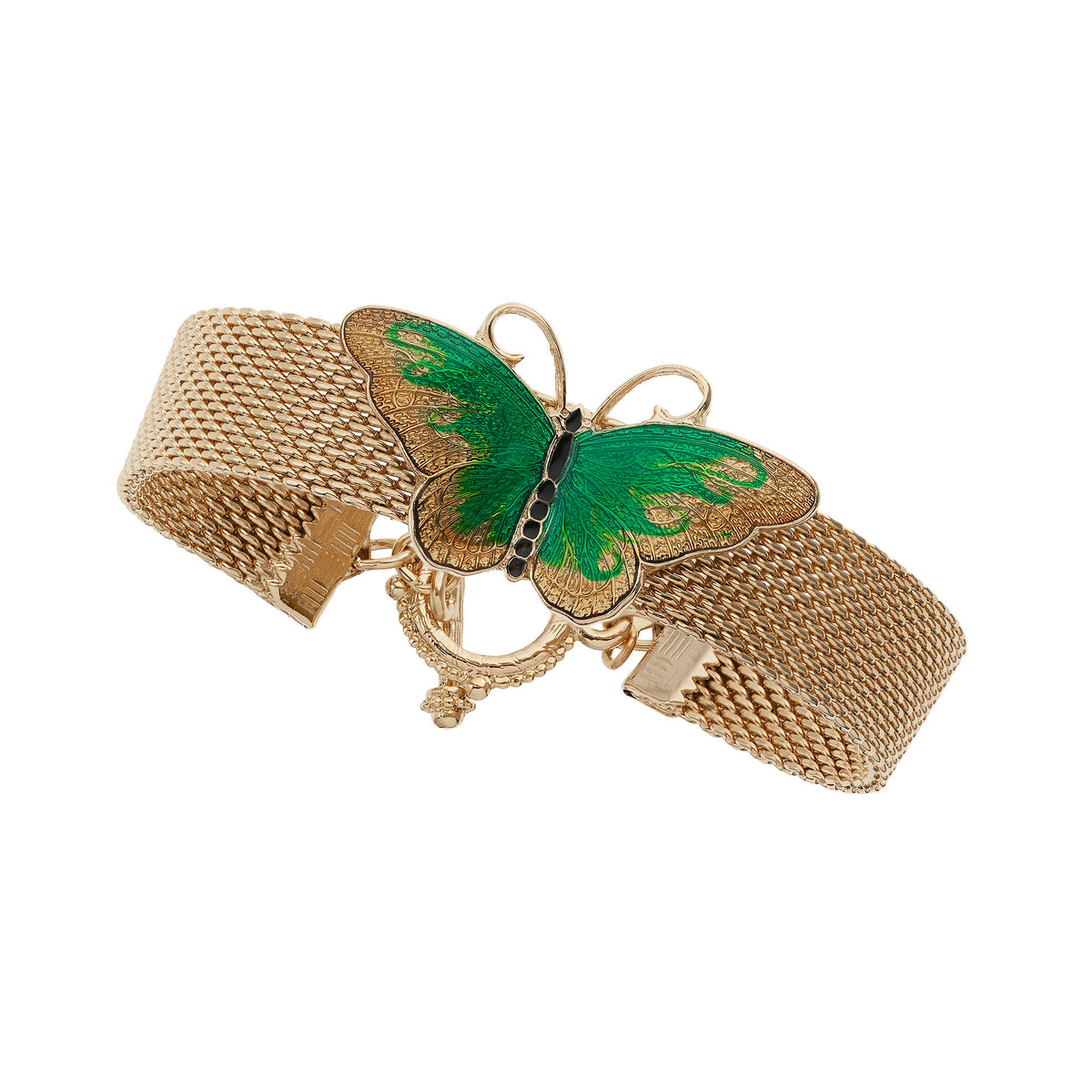 Gold Mesh Bracelet with Green and Gold Enamel Butterlfy.