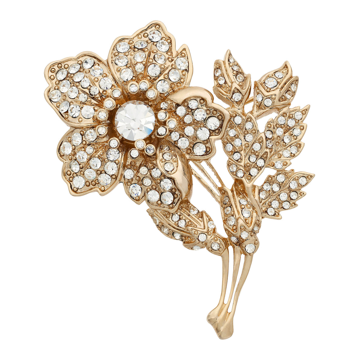 Rose Brooch with gold stem, leaves and bloom studded with clear crystals.