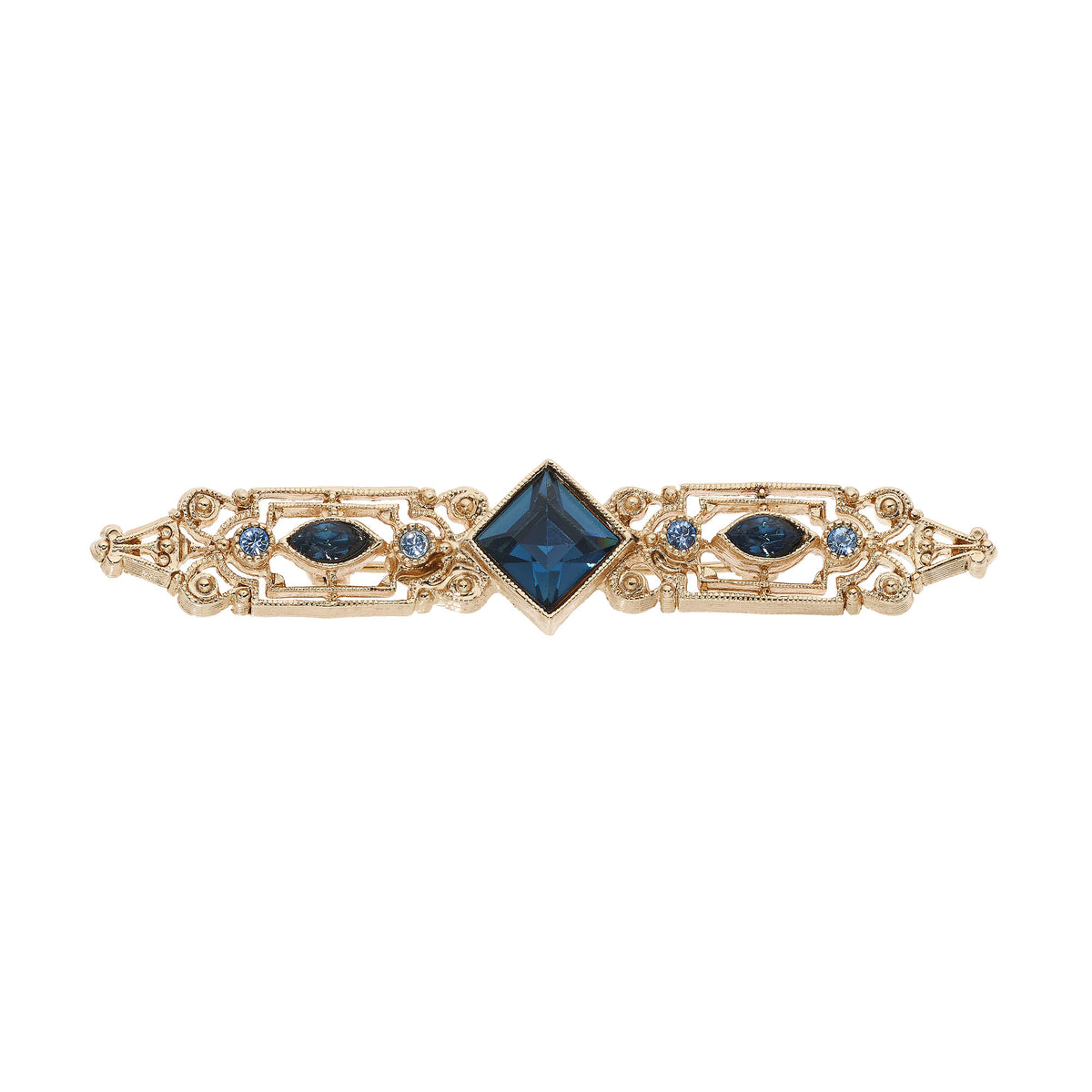 Gold Filagree Bar Brooch with Sapphire Crystals, inclding a diamond shaped one in the center.