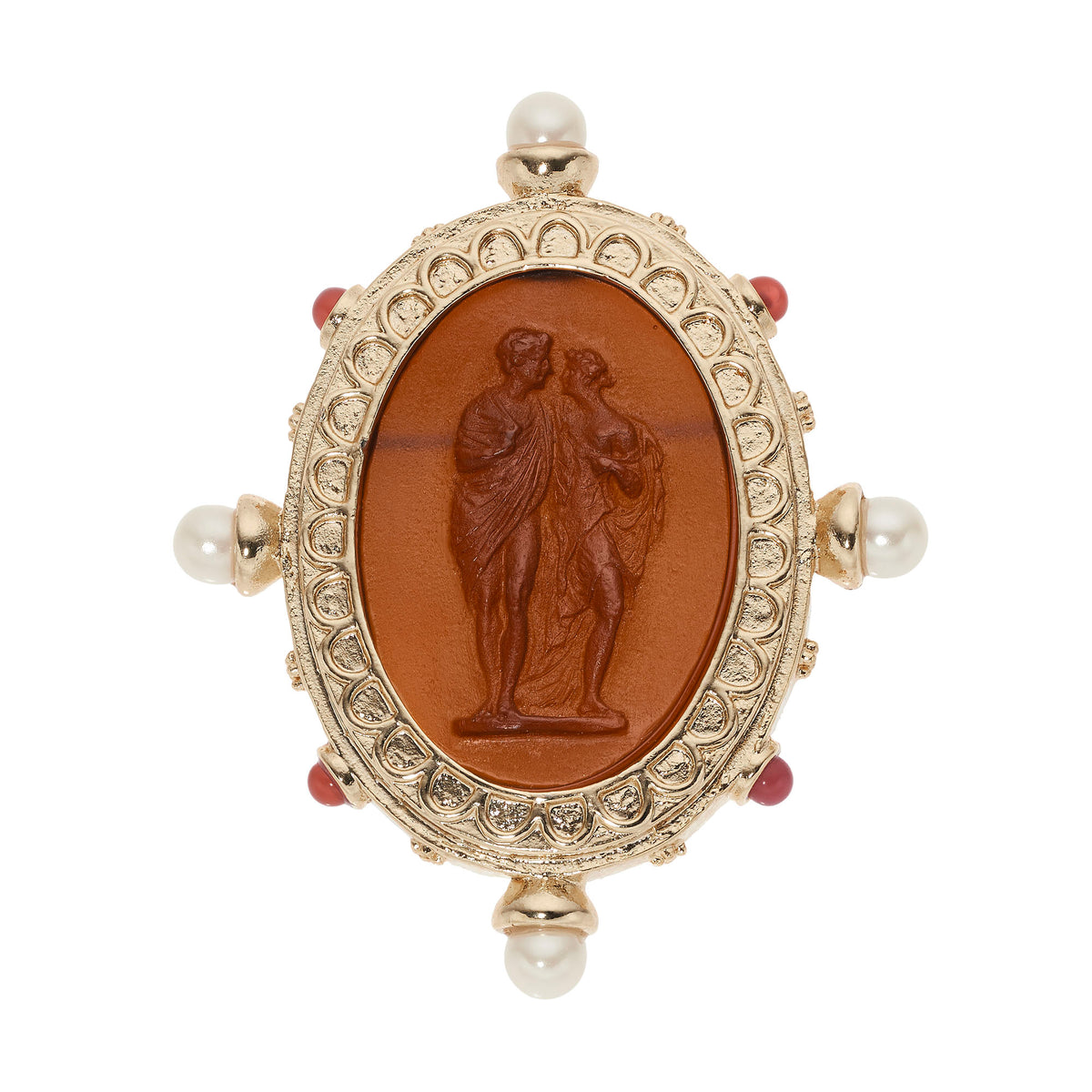 Byzantine Revival Amber Intaglio Brooch featuring 4 Pearls surrounding an oval intaglio mounted on gold rim.