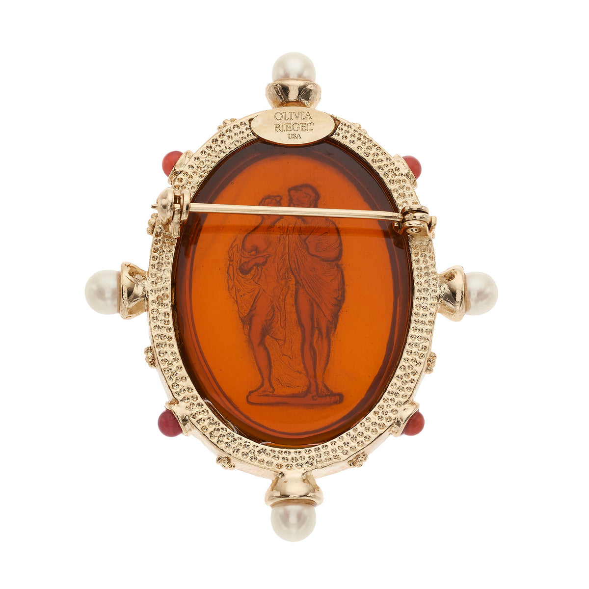 Back of Amber Intaglio Brooch with OLIVIA RIEGEL mark.