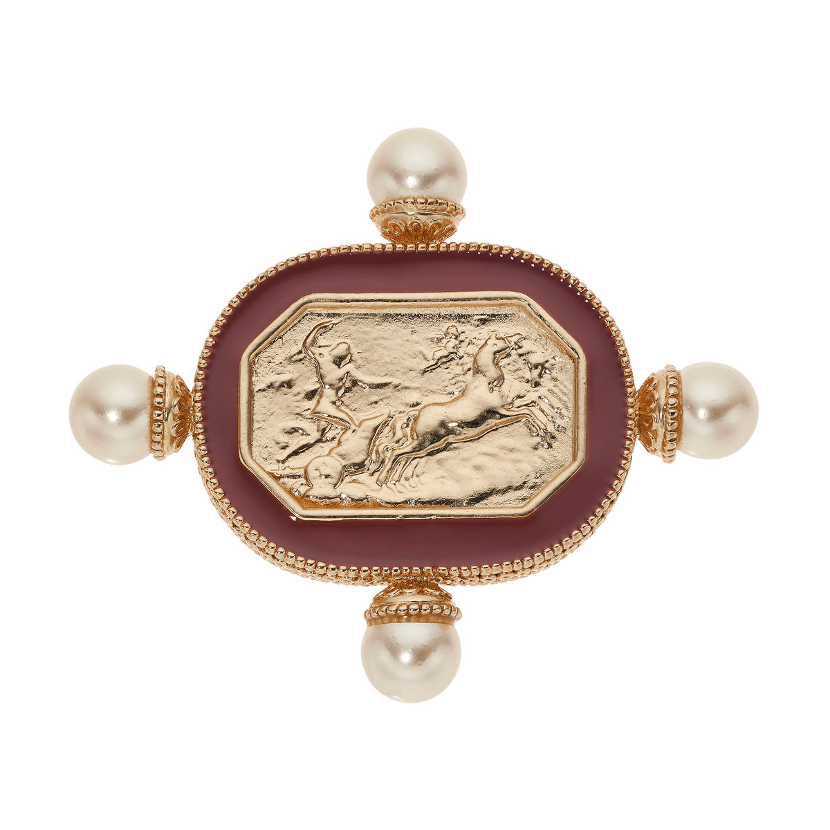 Byzantine Revival Brooch with center Gold Intaglio and Pearls. Reddish-orange rim. 