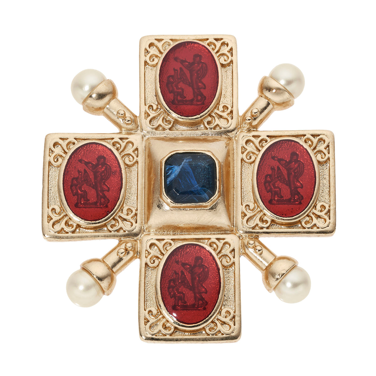 Gold Byzantine Revival Cross Brooch with red oval Intaglios & pearls. Center blue stone.