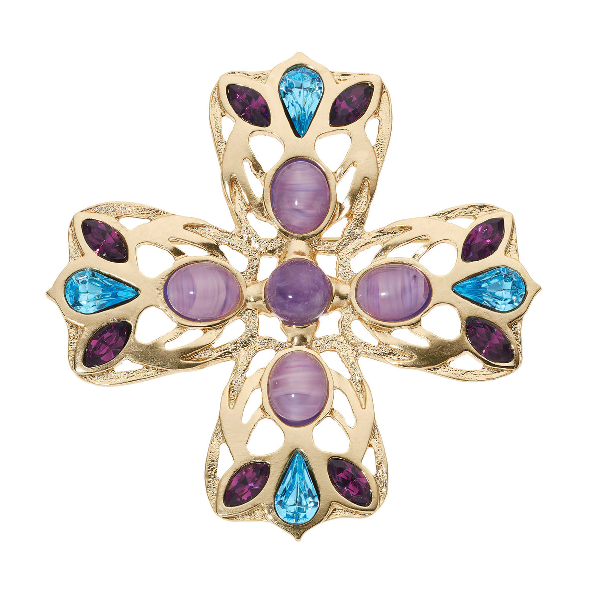 Gold Maltese Cross Brooch with a mix of round and oval amethyst stones and crystals and teardrop sapphire crystals. Cut out  design. 