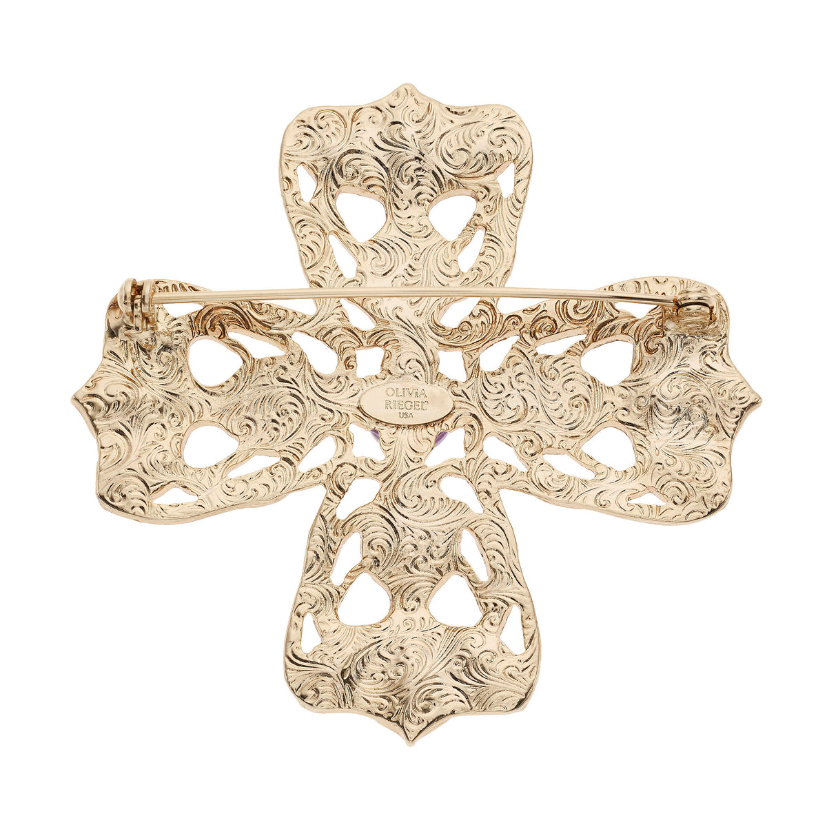 Ornate scrolled back of Maltese Cross Brooch