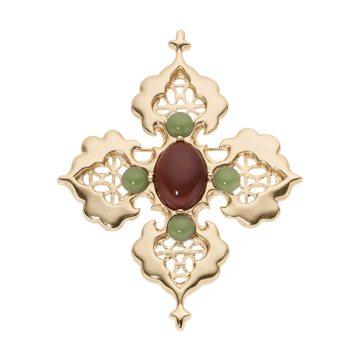 Gold Byzantine Filigree Cross Brooch - red oval stone in center surrounded by round green stones.