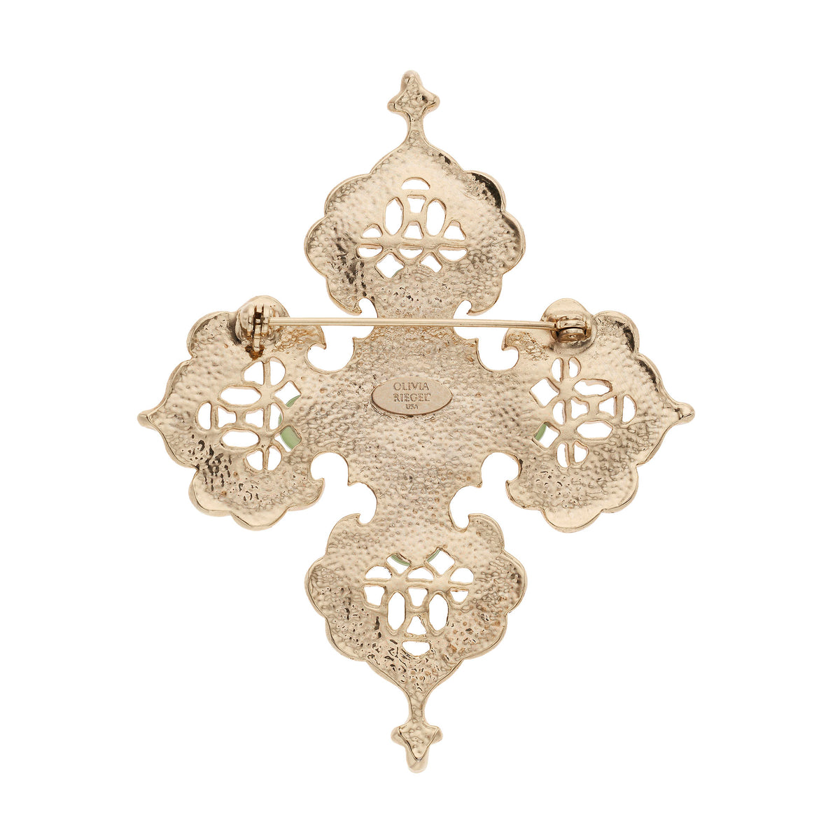 Back of Filigree Cross Brooch with OLIVIA RIEGEL mark.