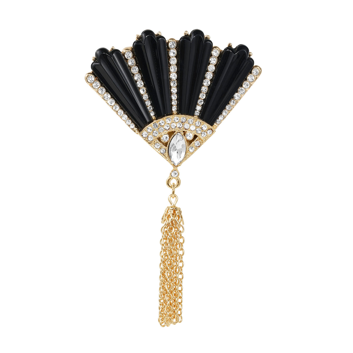 Black Fan with Gold Tassel Brooch, with a row of clear crystals between pleats.