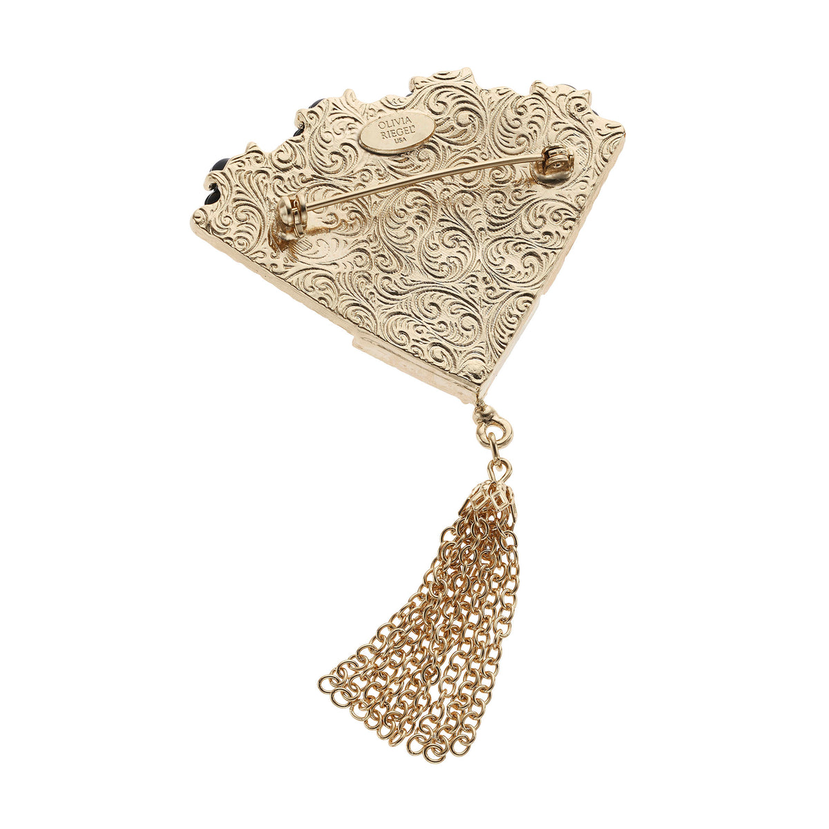 Ornate gold back of Black Fan with Gold Tassel Brooch