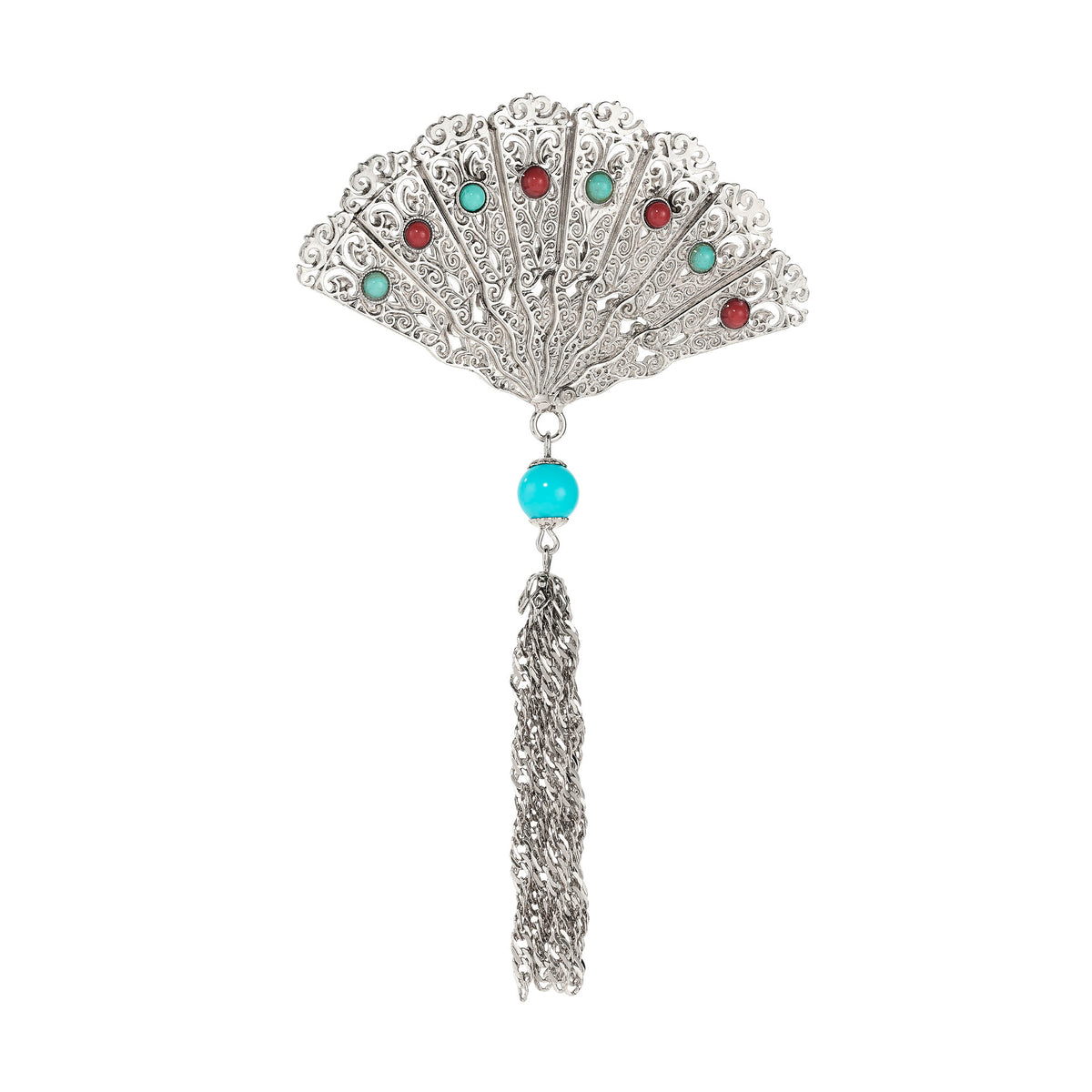 Silver Fan with Tassel Brooch on a white background