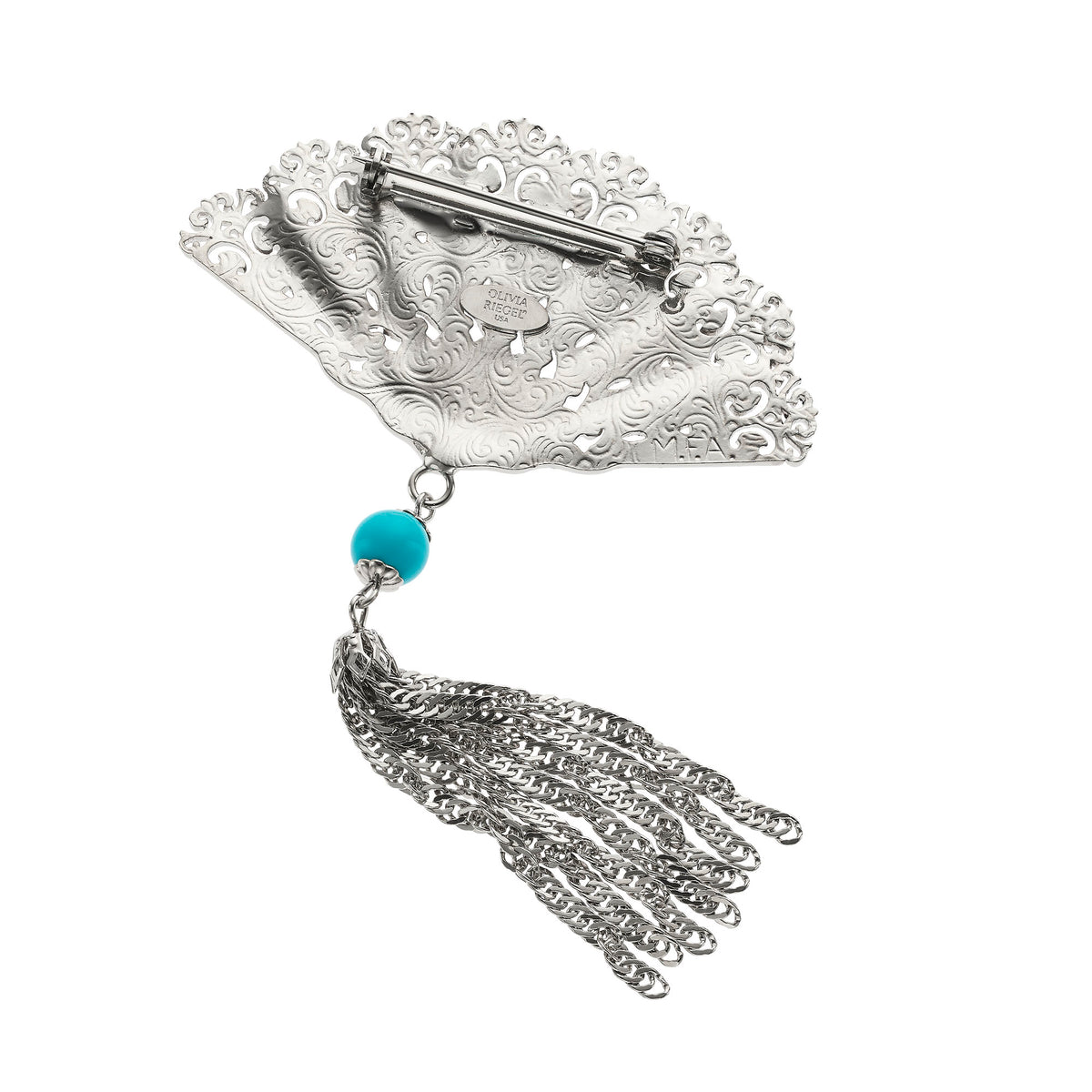 Ornate Scrolled Back of Silver Fan with Tassel Brooch