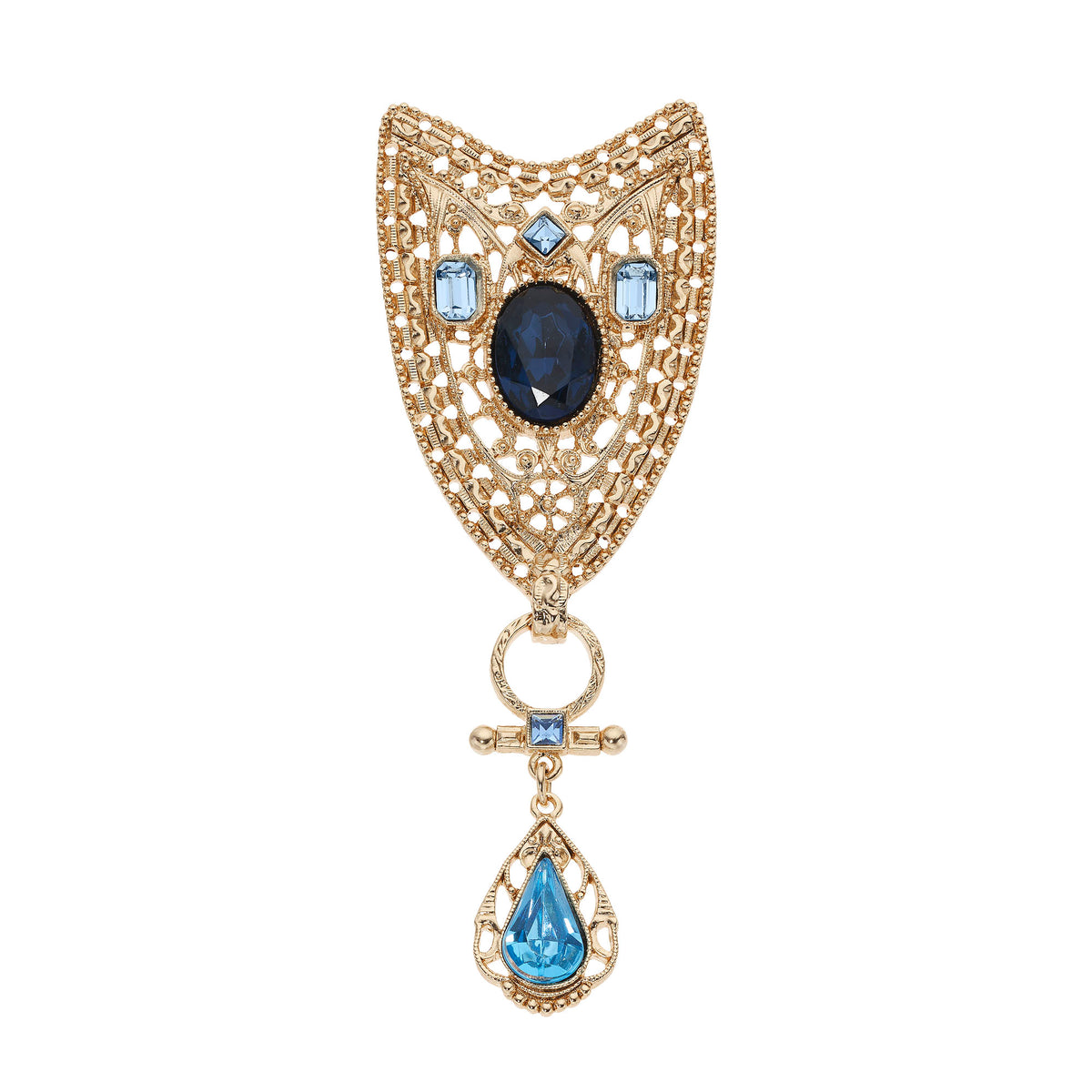 Gold Shield Teardrip Brooch with Light Blue and Navy Blue Stones