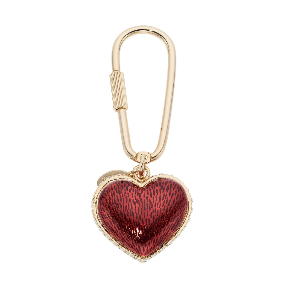 Red Enamel Heart circled by tiny clear crystals on a Gold Keychain