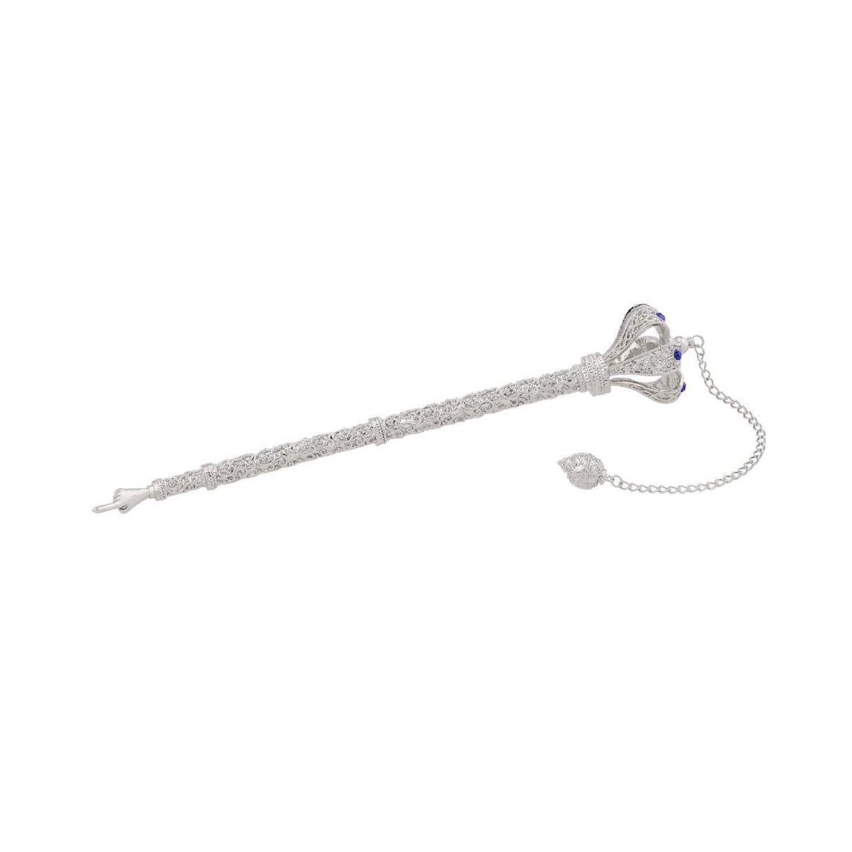 Silver Torah Pointer with Sapphire Crystals on Crown end and a pointing hand on the other end.