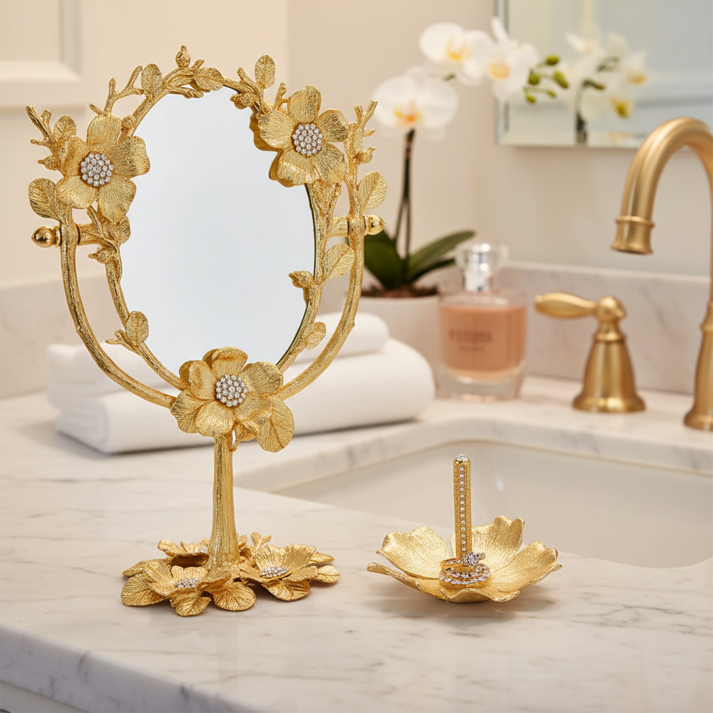 Gold Botanica ring holder with matching Magnified Standing Mirror.