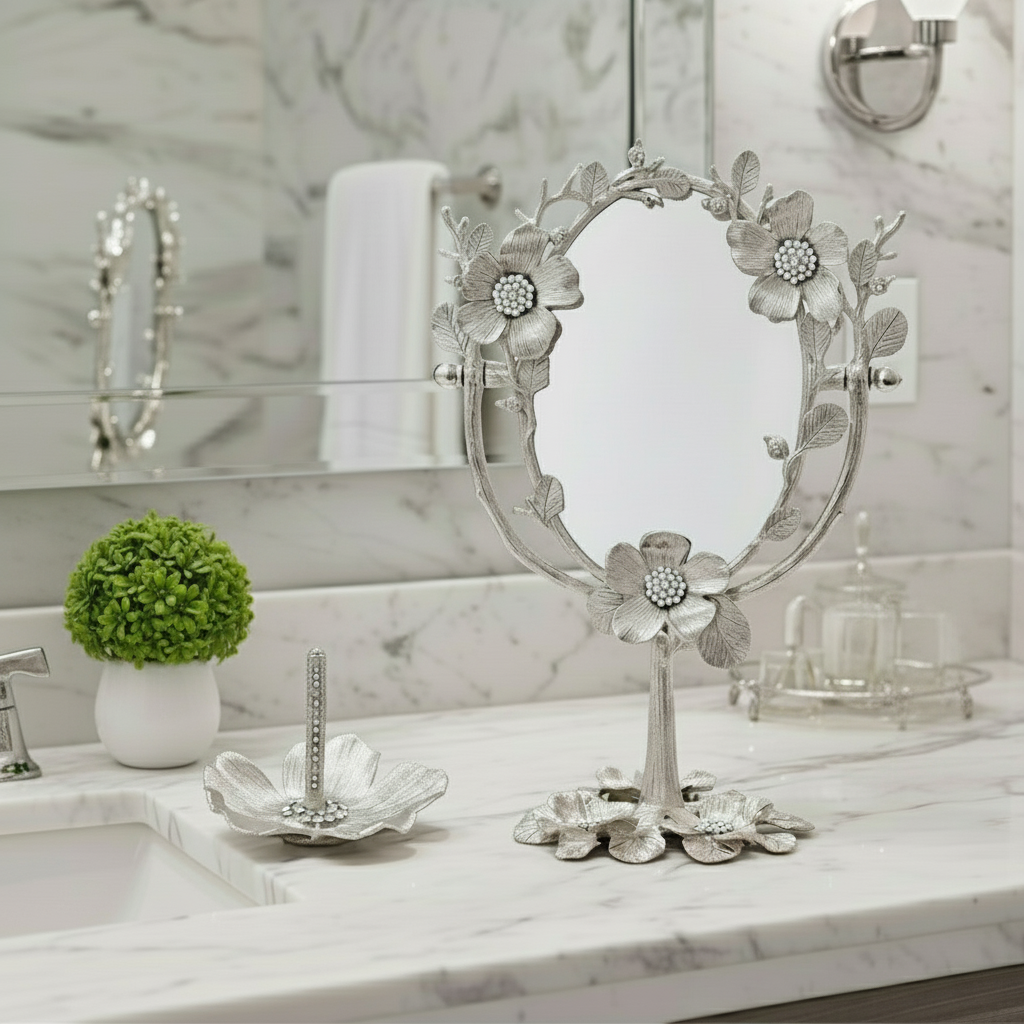 Silver Botanica ring holder with matching Magnified Standing Vanity Mirror.