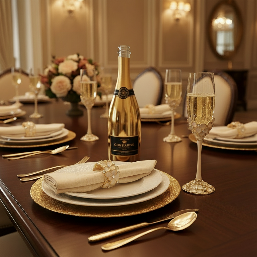Dining table set for a formal dinner with a bottle of champagne and Dogwood flutes and napkin rings.