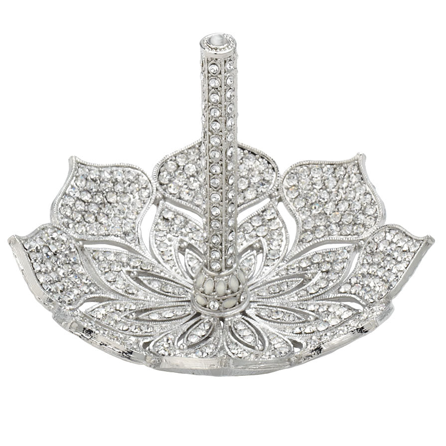 Silver Windsor Ring Holder with pointed-scallop edge dish and stem studded with clear crystals.