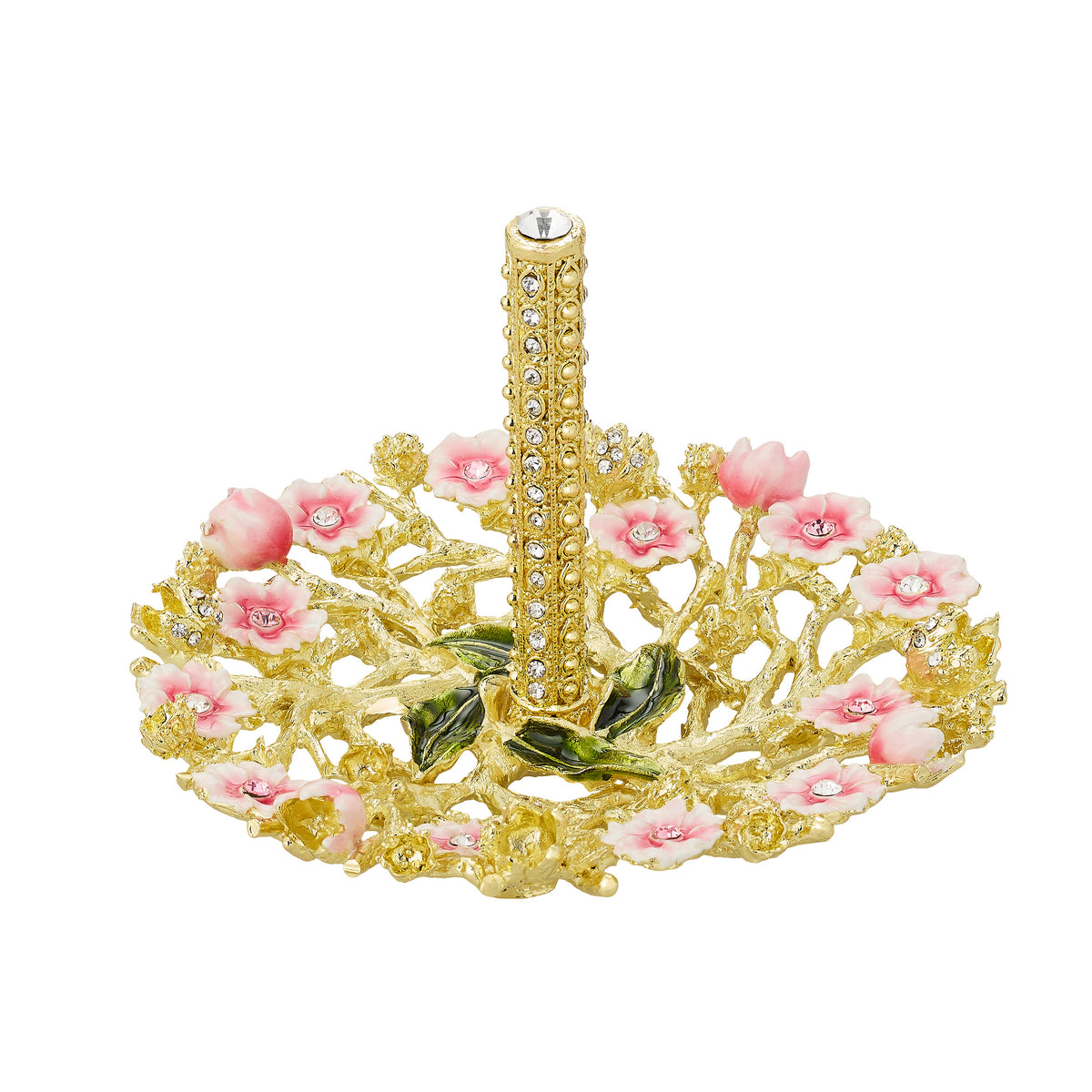 Round Gold Bella Ring Holder with tiny pink and blush flowers and green leaves adorning the dish. Open-branch pattern. Clear crystals line the stem.