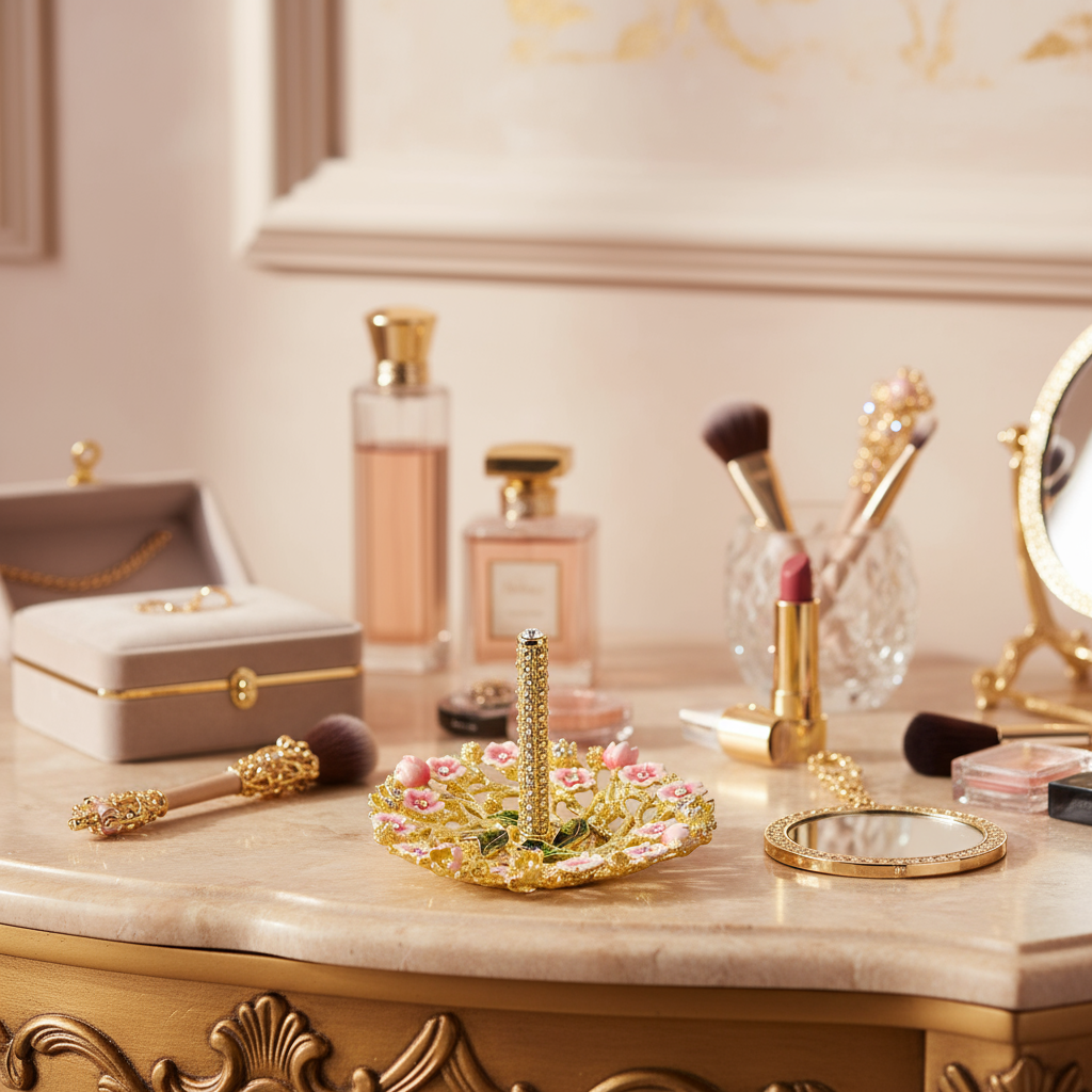 Makeup vanity with Bella Ring Holder, perfumes, lipstick, and brushes on a marble surface.