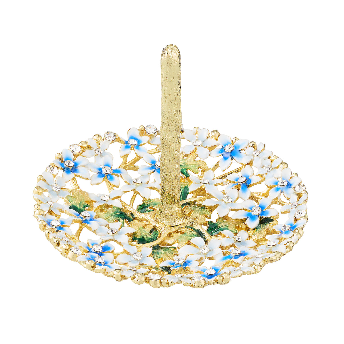 Daphne Ring Holder accented with tiny blue and green floral pattern. Gold stem lined with clear crystals.