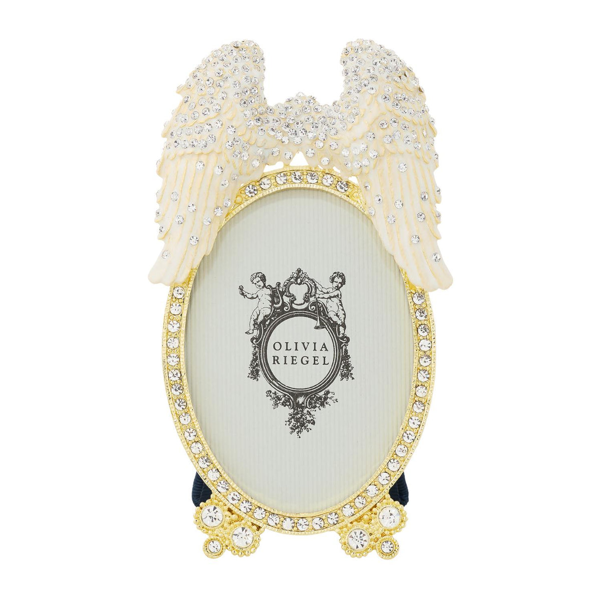 Gold Angel Wings Oval 2.5 by 3.5 Frame, with a set of wings at the top of the frame.
